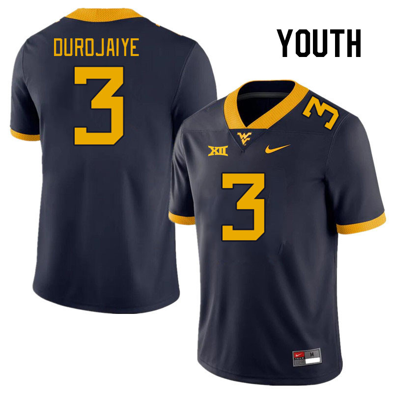 Youth #3 Tomiwa Durojaiye West Virginia Mountaineers College Football Jerseys Stitched Sale-Navy - Click Image to Close